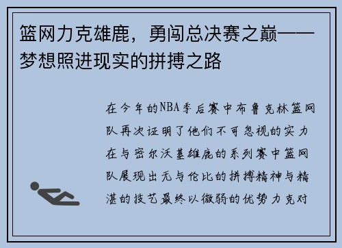 篮网力克雄鹿，勇闯总决赛之巅——梦想照进现实的拼搏之路